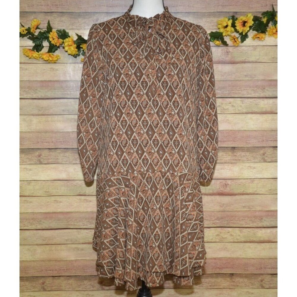 THML Anthropologie Brown Geometric Paisley Print Dress Tie Neck Size M Old Money